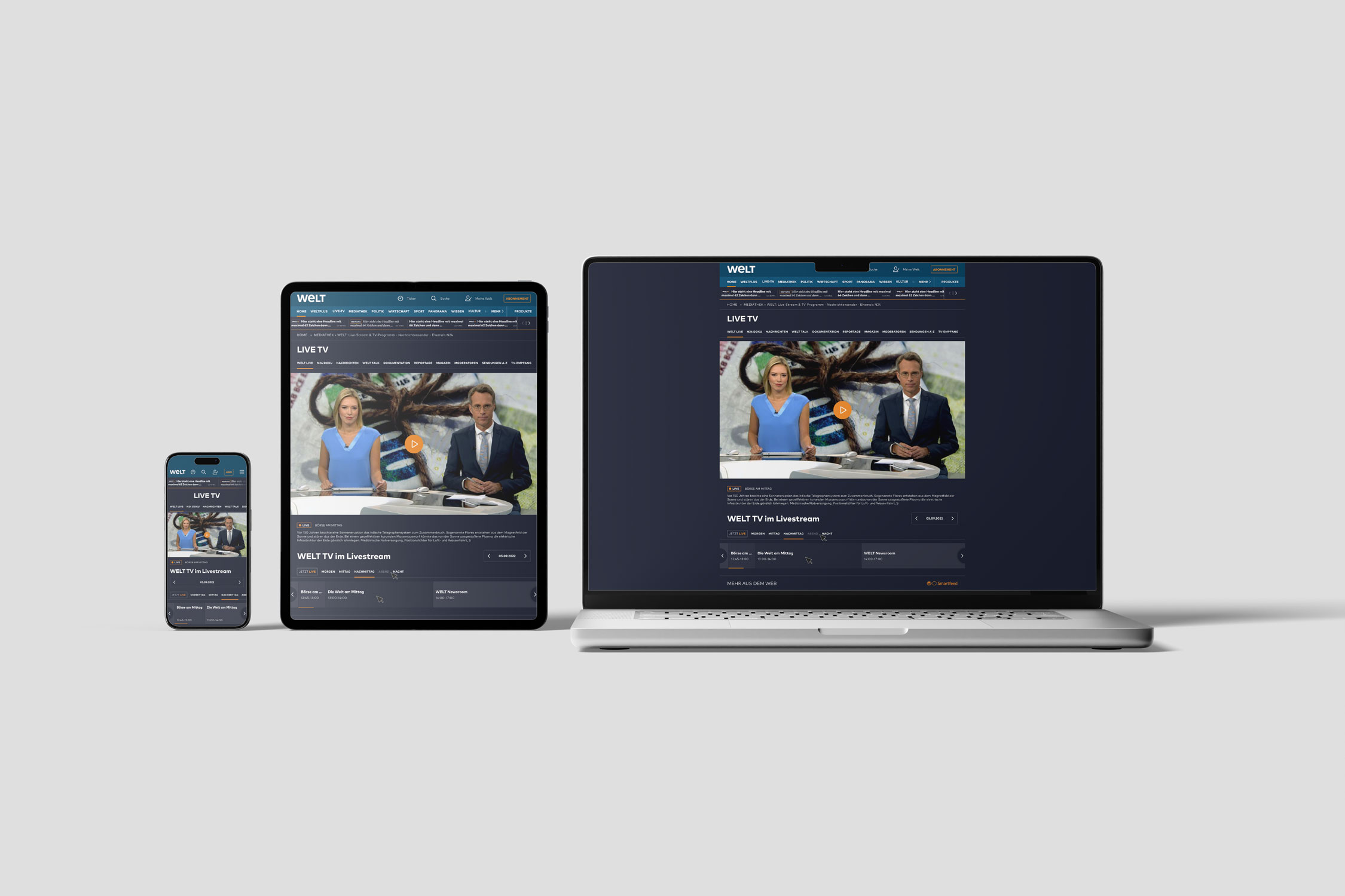 Live TV — phone, tablet and laptop