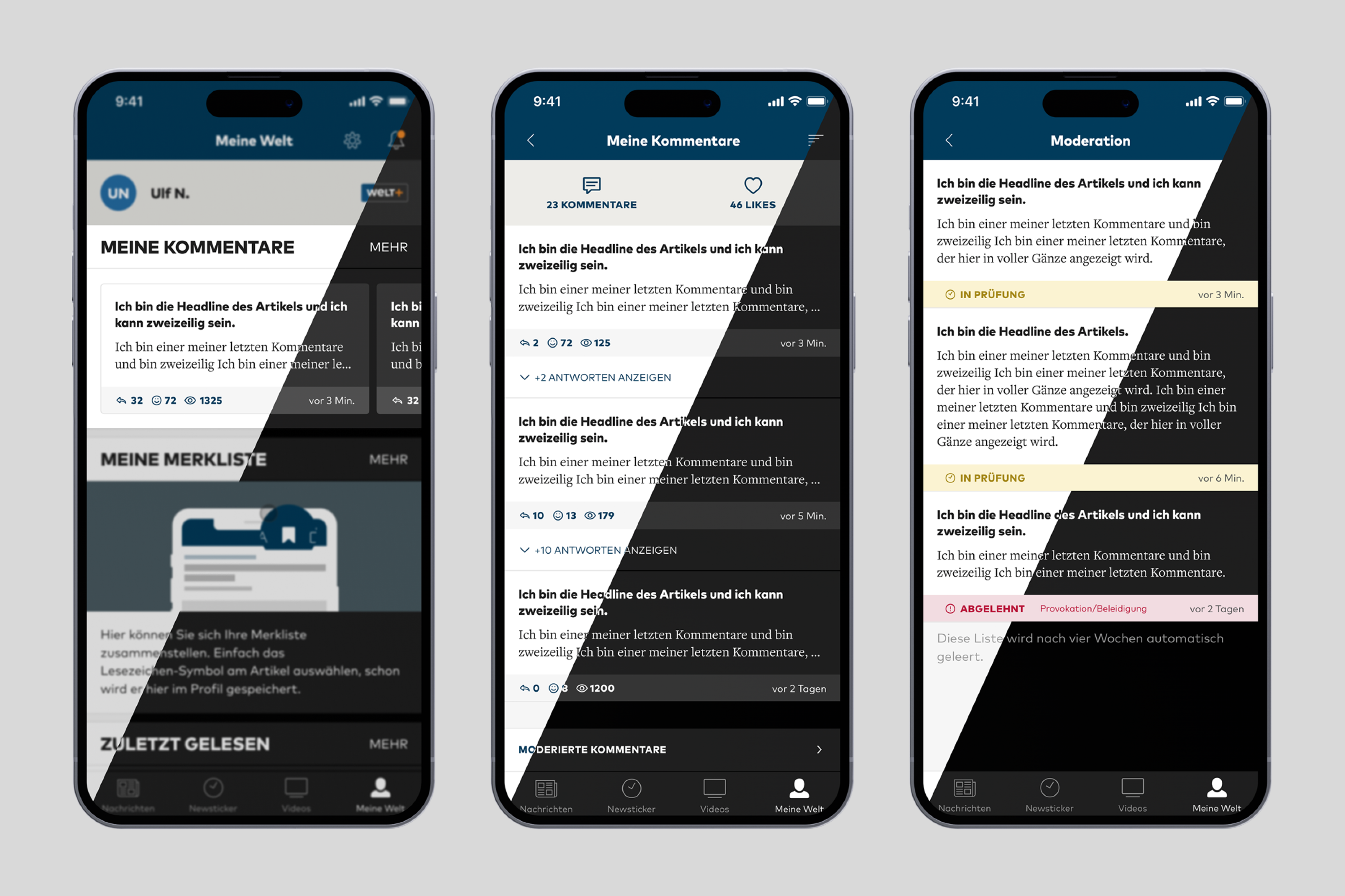 Three connected screens — Meine Welt, Meine Kommentare, Moderation