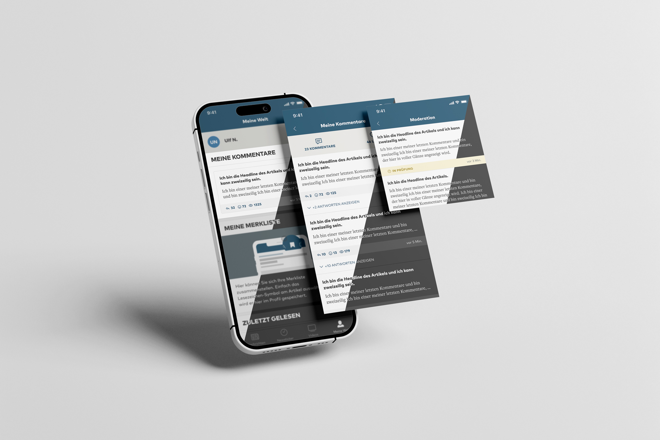 Three iOS comment screens — overview, thread, moderation
