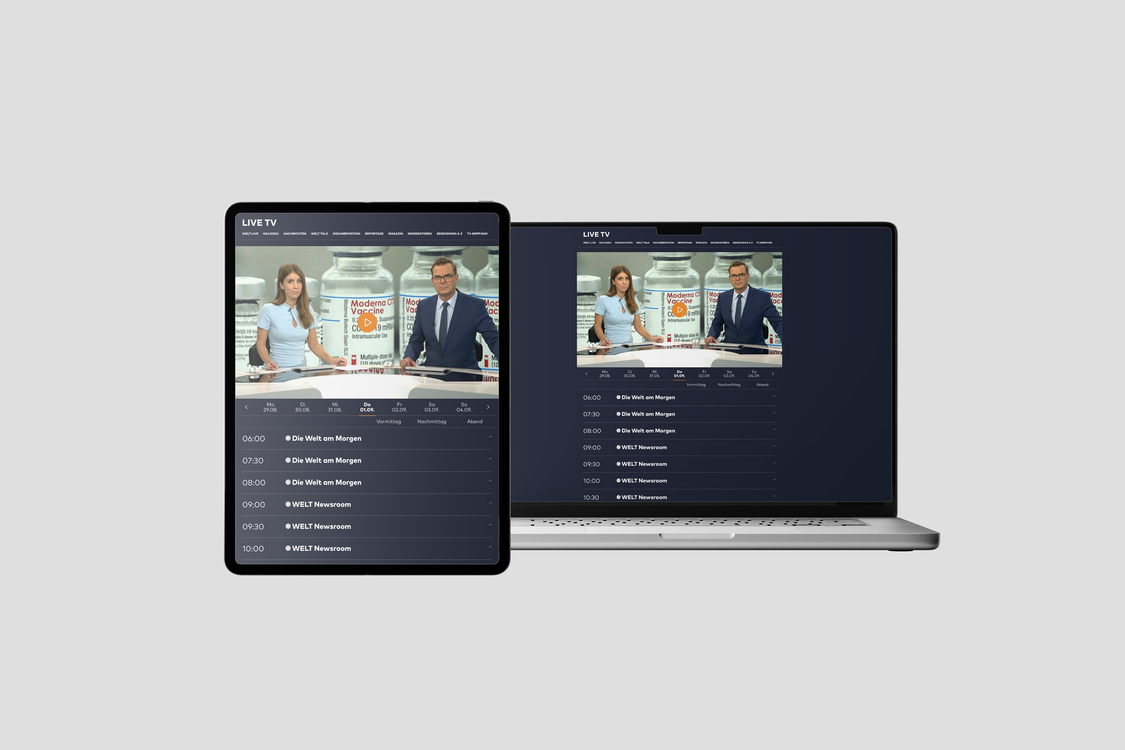 Before — the original Live TV page on tablet, laptop and phone