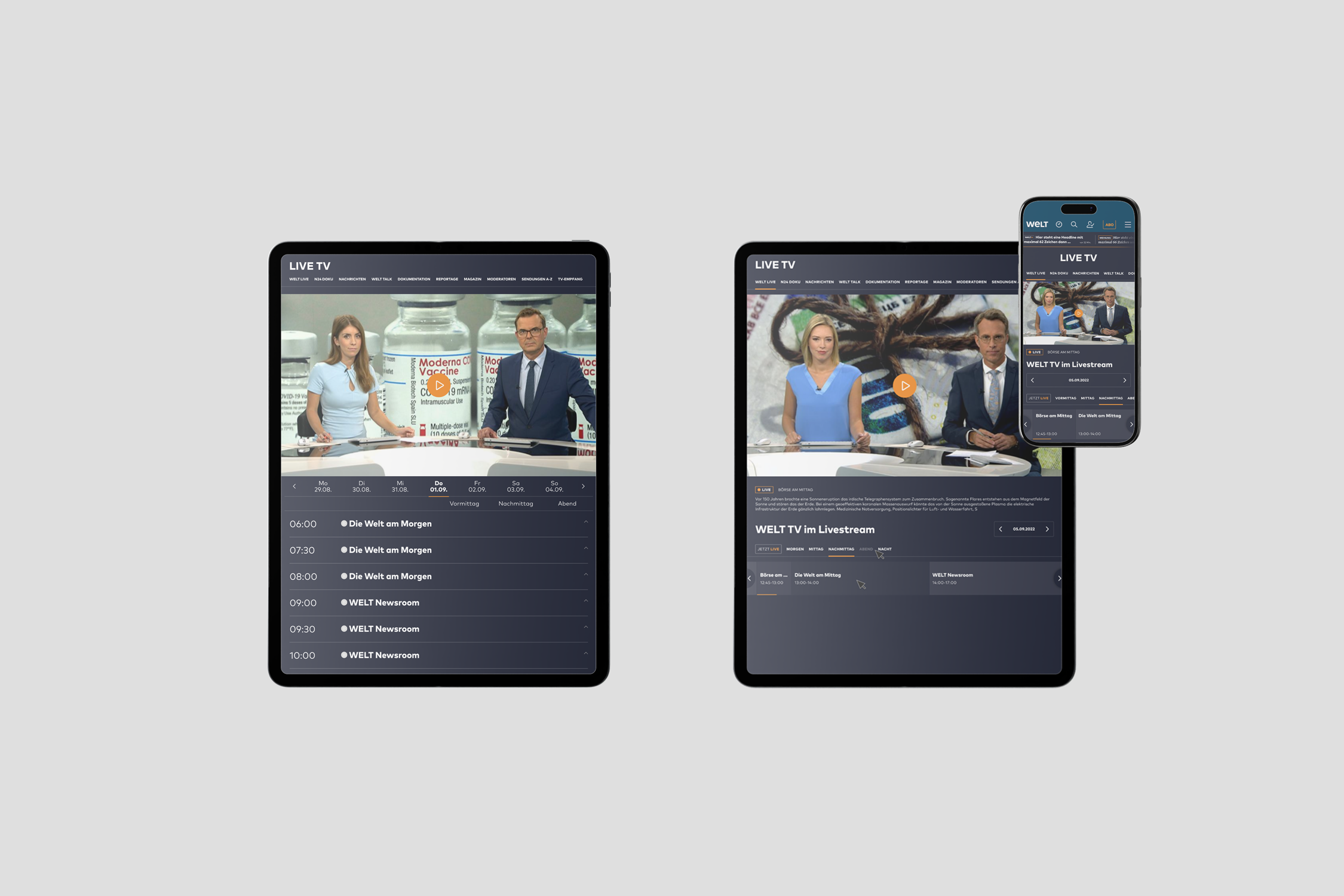 Live TV — floating layers showing livestream, on-demand and section views