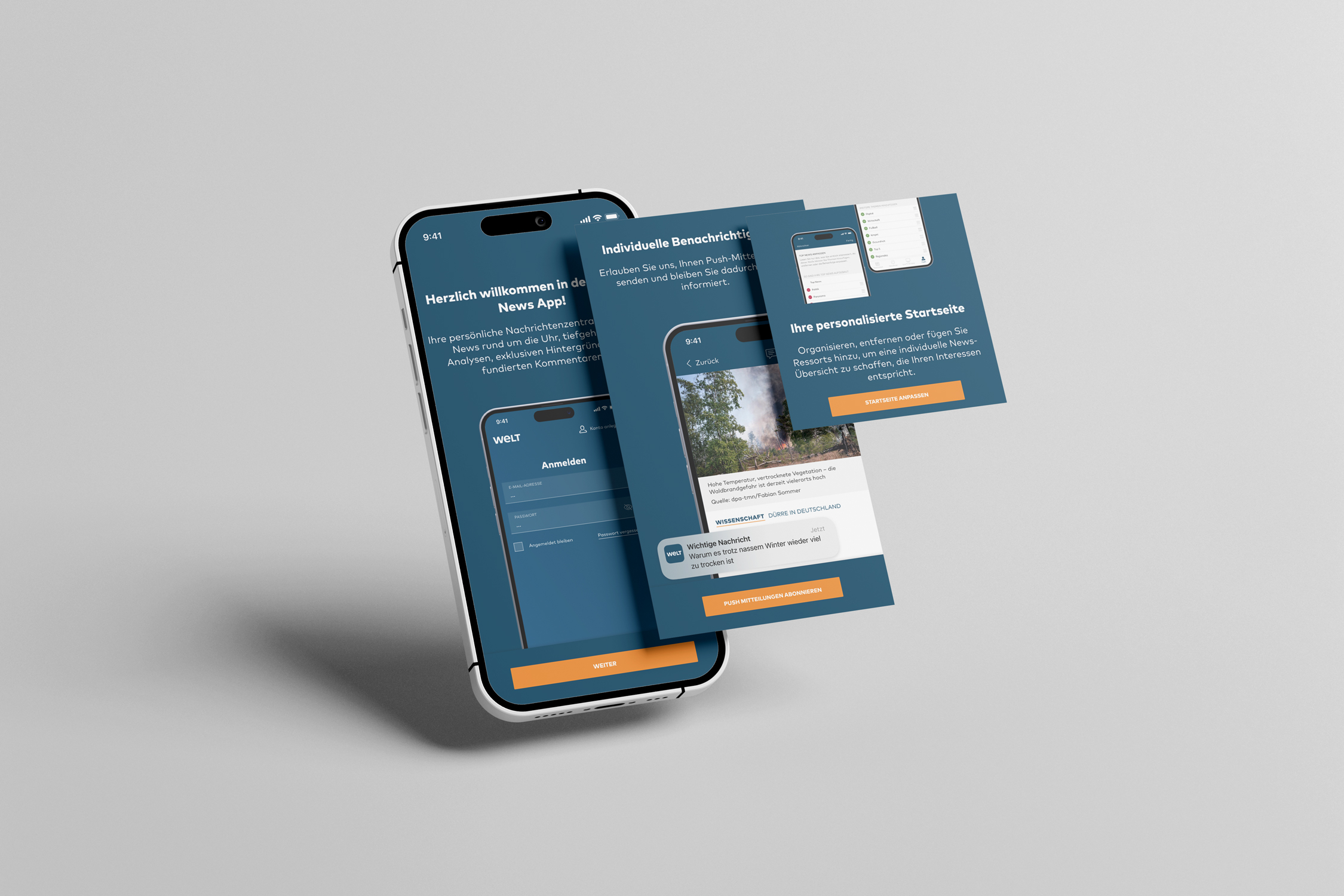iOS onboarding screens — welcome, notifications, personalised homepage