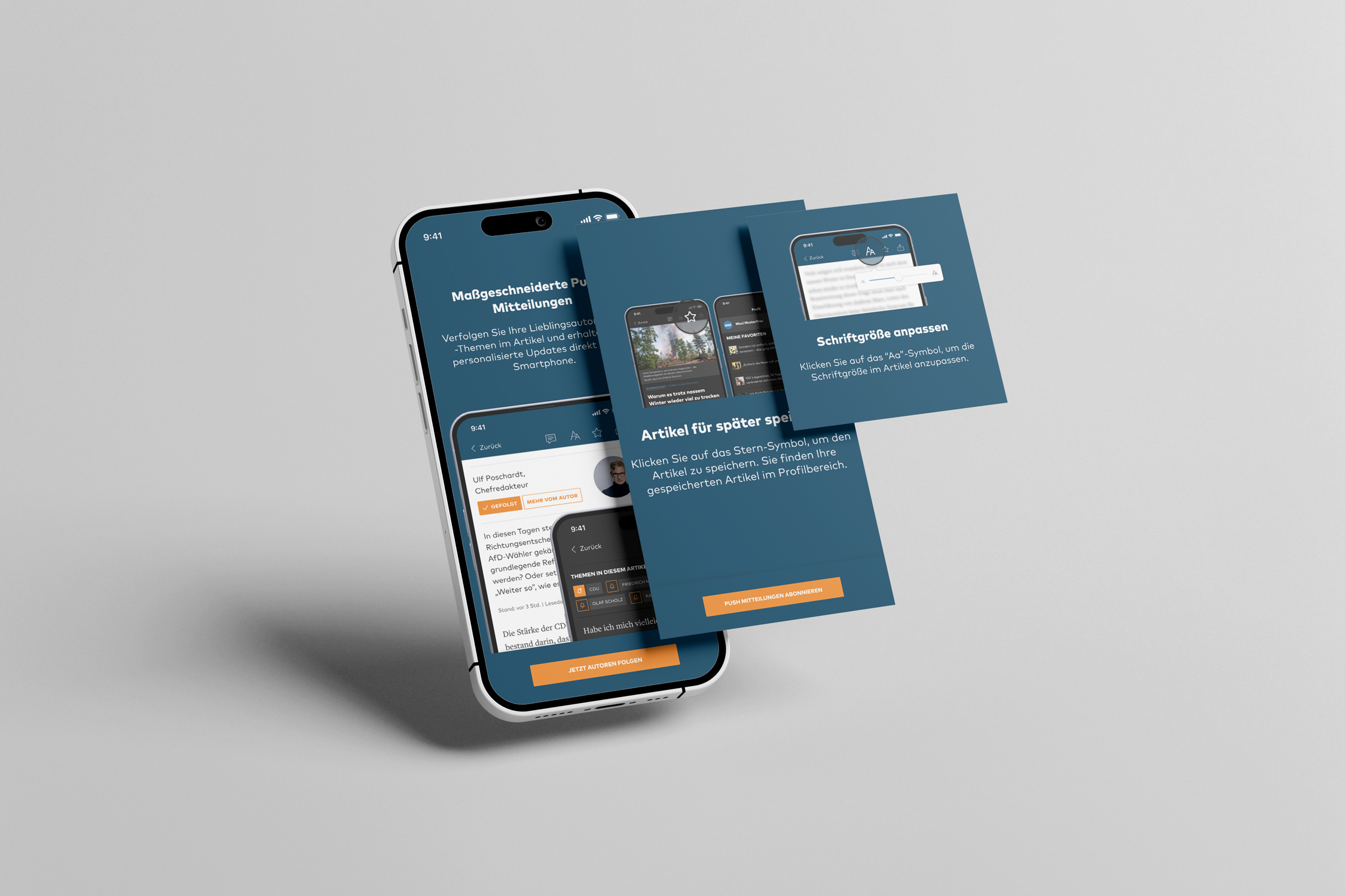 iOS onboarding — push notifications, save article, font size